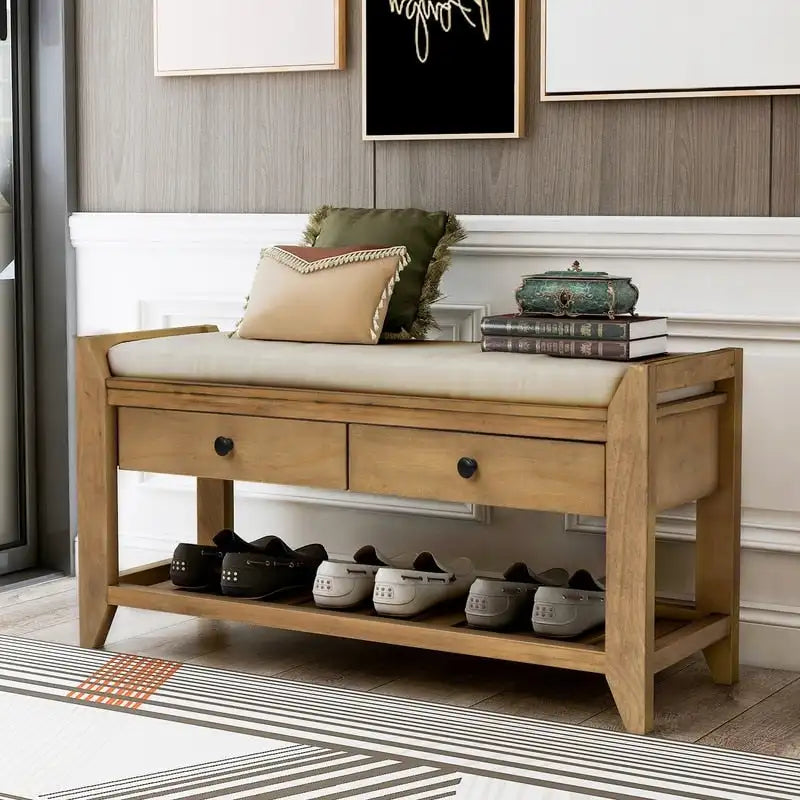 Entryway Storage Bench, Shoe Rack with Cushioned Seat and Drawers