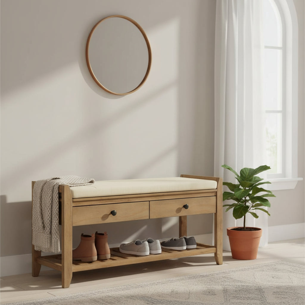 Banc de rangement d'entrée, étagère à chaussures avec siège rembourré et tiroirs