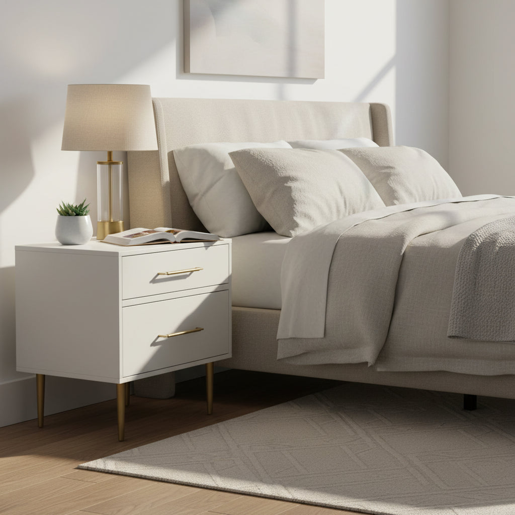 25.75 White Two Drawer Nightstand with Gold Pulls