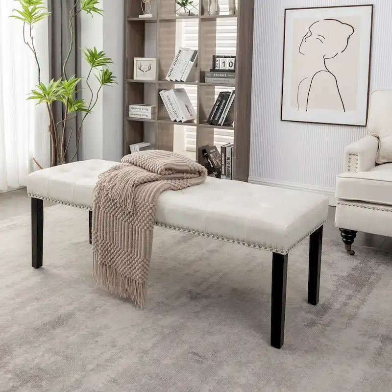 Banc d'appoint rembourré en tissu avec pieds en bois d'hévéa