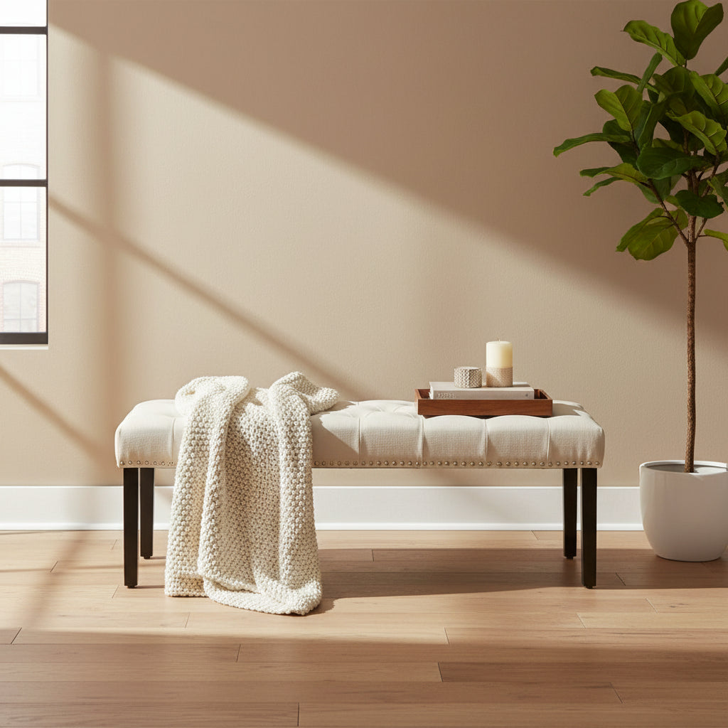 Banc d'appoint rembourré en tissu avec pieds en bois d'hévéa