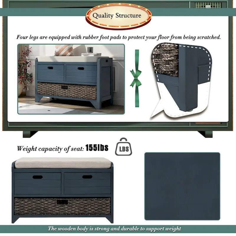 Banc de rangement avec panier amovible et 2 tiroirs