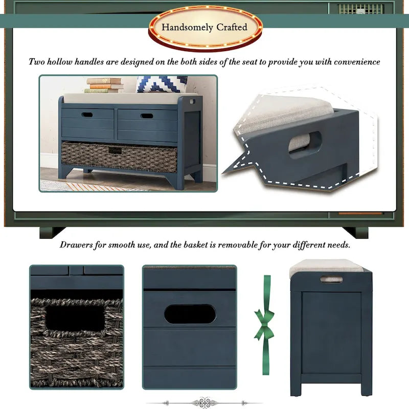 Banc de rangement avec panier amovible et 2 tiroirs