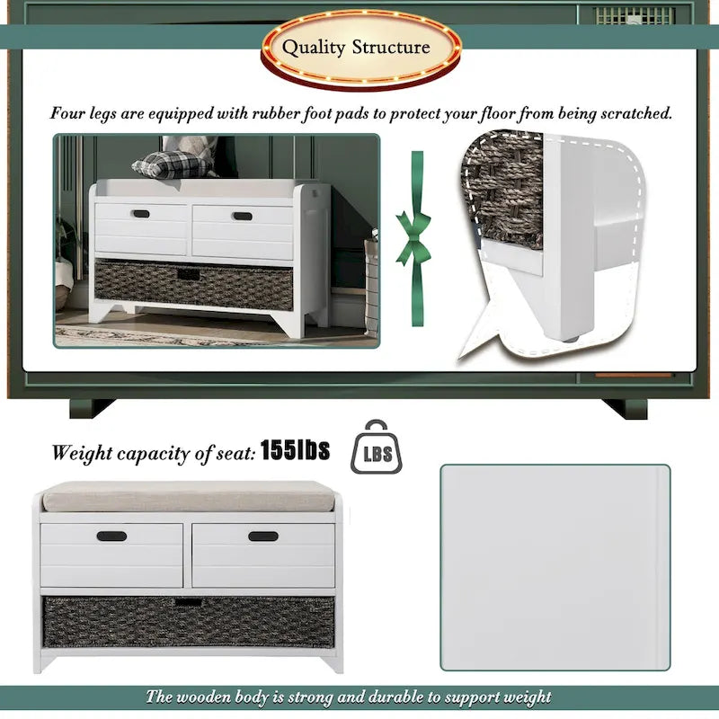 Banc de rangement avec panier amovible et 2 tiroirs