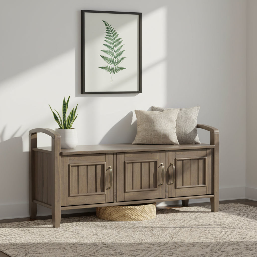 Banc de rangement d'entrée de style transitoire en BOIS MASSIF de 112 cm de large, couleur brun fumé - 46P x 112L x 56H