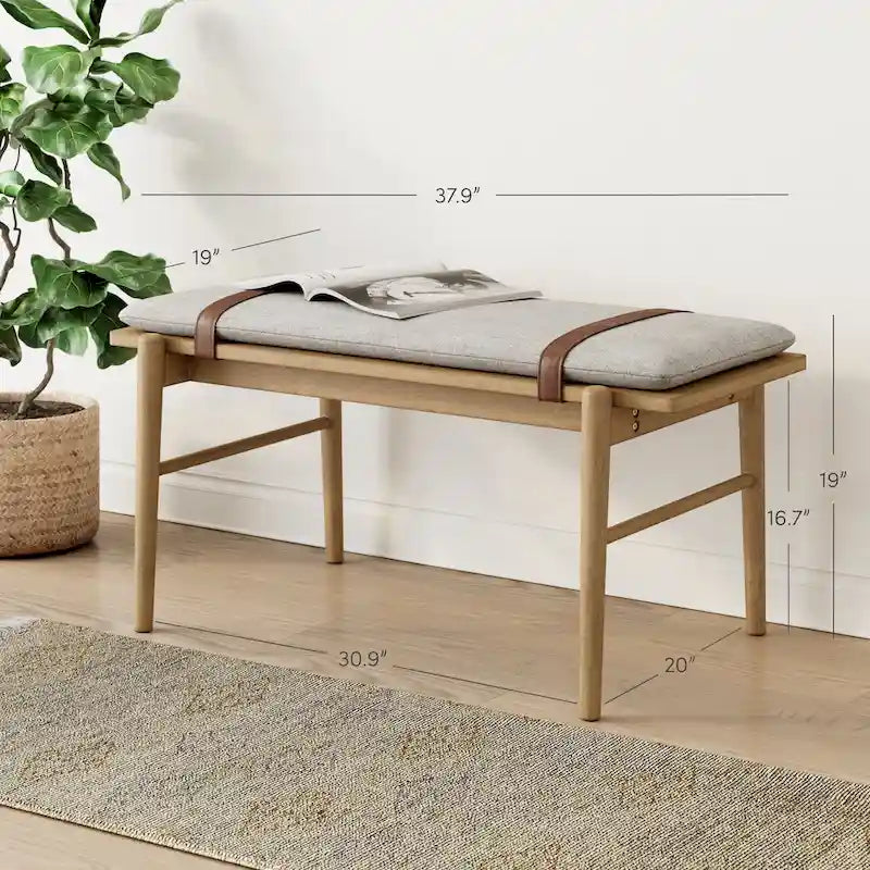 Banc marron clair de style Mid-Century avec coussin ivoire amovible pour chambre et couloir