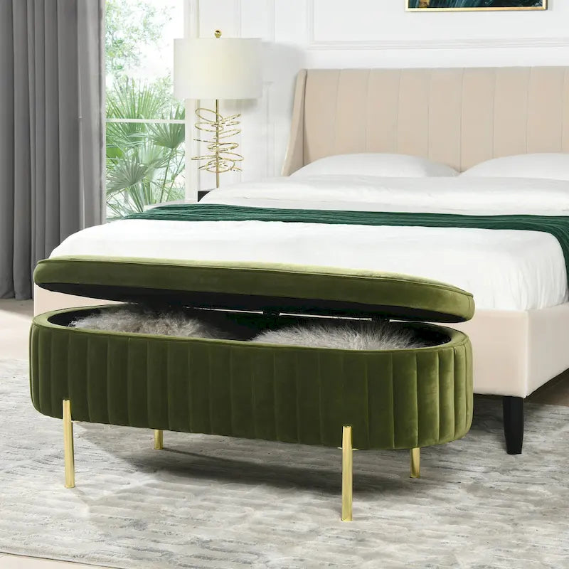 Banc de rangement capitonné ovale en velours « Modern Glam Performance »