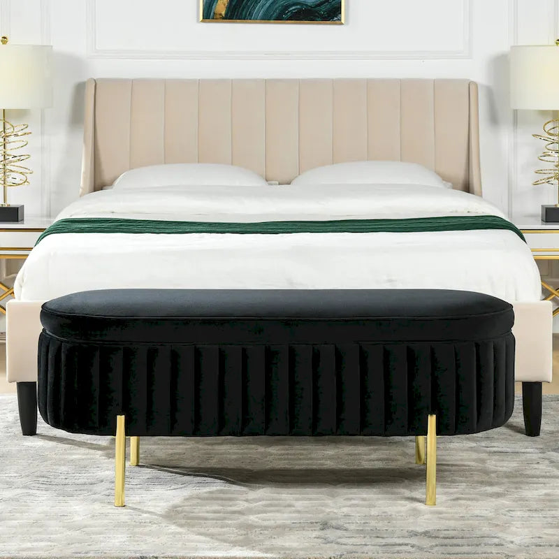 Banc de rangement capitonné ovale en velours « Modern Glam Performance »