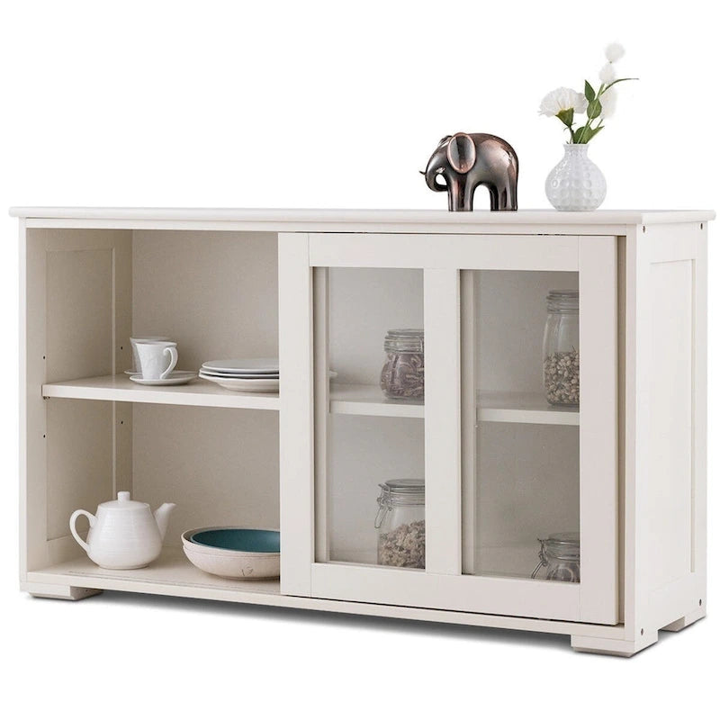 Modern Cream White Wood Buffet Sideboard Cabinet with Glass Sliding Door - 42W x 13.0D x 24.5H
