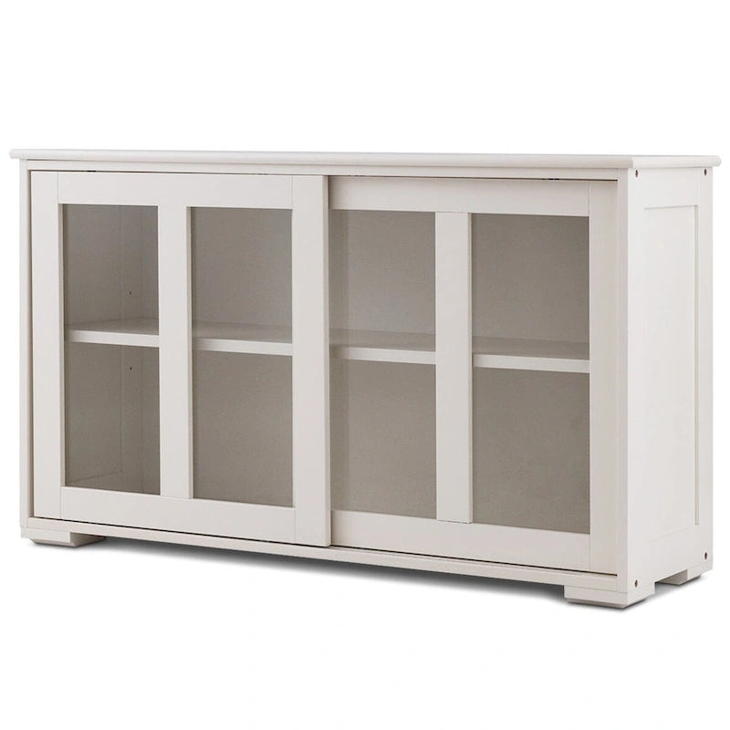 Buffet bahut moderne crème-blanc en bois avec portes coulissantes en verre – 42W x 13.0D x 24.5H