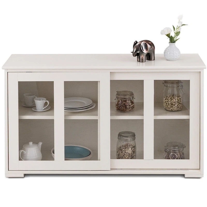 Buffet bahut moderne crème-blanc en bois avec portes coulissantes en verre – 42W x 13.0D x 24.5H