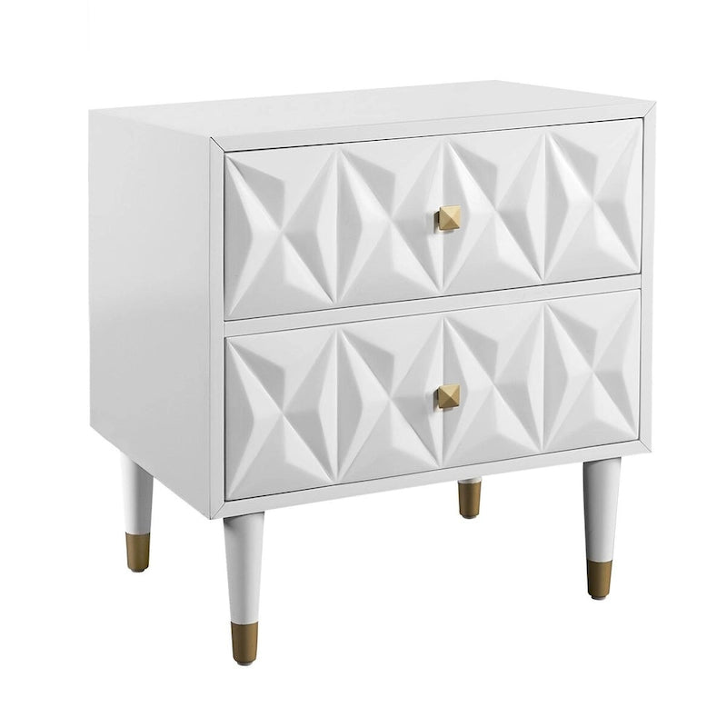 27 White Geometric Patterned Two Drawer Nightstand