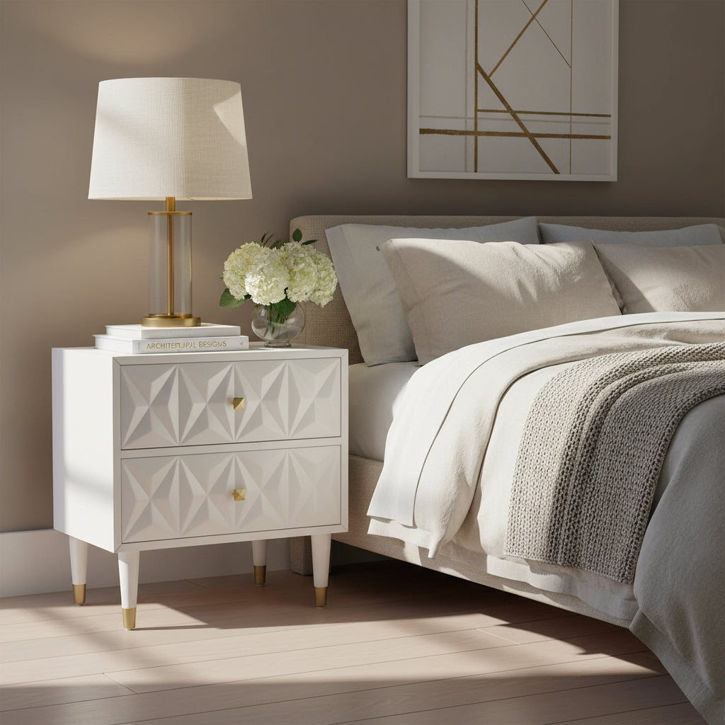 27 Table de chevet à deux tiroirs à motif géométrique blanc