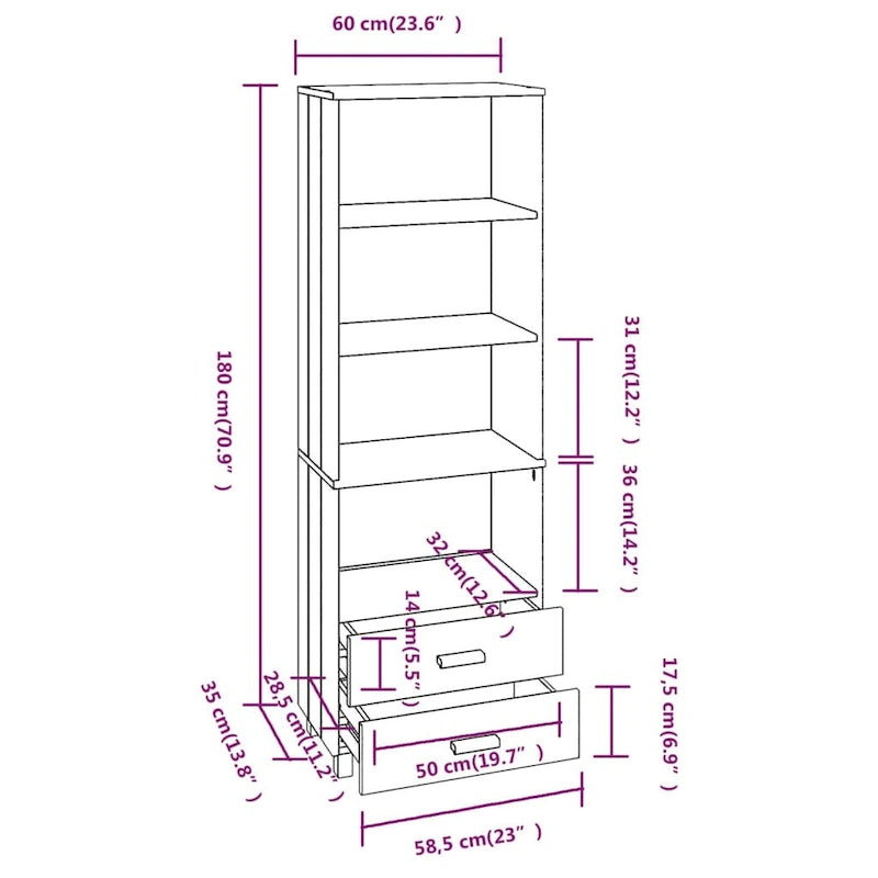 Bibliothèque avec armoire de rangement en pin massif pour entrée - 23,6x13,8x70,9