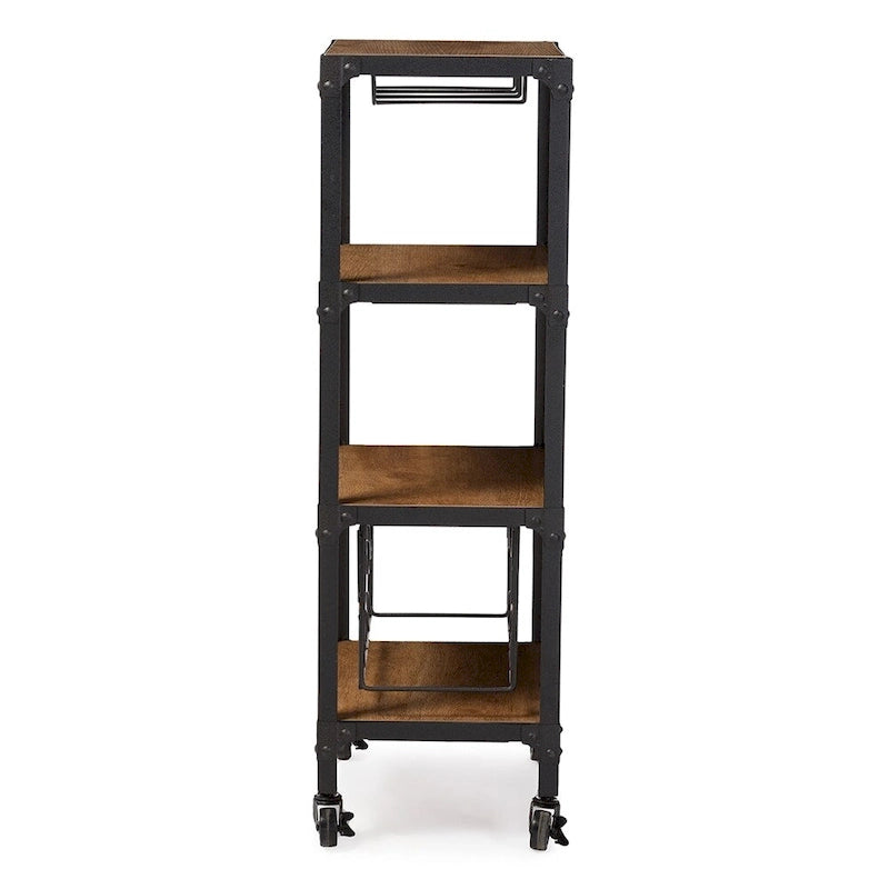 Étagère mobile de cuisine/bar à vin de style industriel rustique en métal noir texturé vieilli et bois vieilli