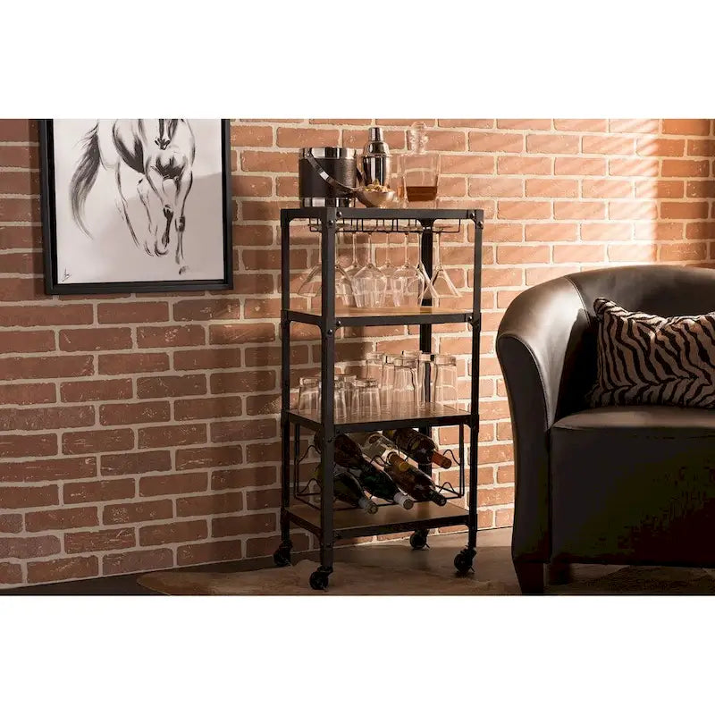 Étagère mobile de cuisine/bar à vin de style industriel rustique en métal noir texturé vieilli et bois vieilli