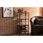 Étagère mobile de cuisine/bar à vin de style industriel rustique en métal noir texturé vieilli et bois vieilli