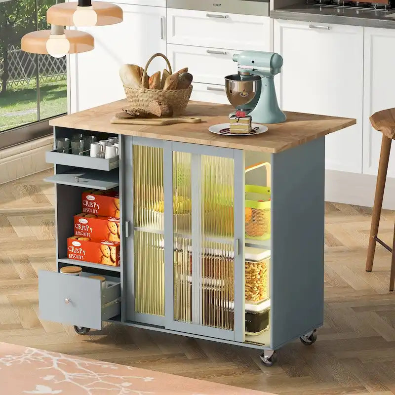 Îlot de cuisine avec abattant, Desserte de cuisine à roulettes avec éclairage LED