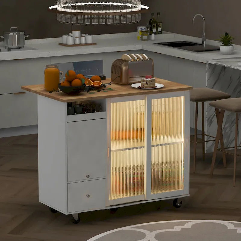 Îlot de cuisine avec abattant, Desserte de cuisine à roulettes avec éclairage LED
