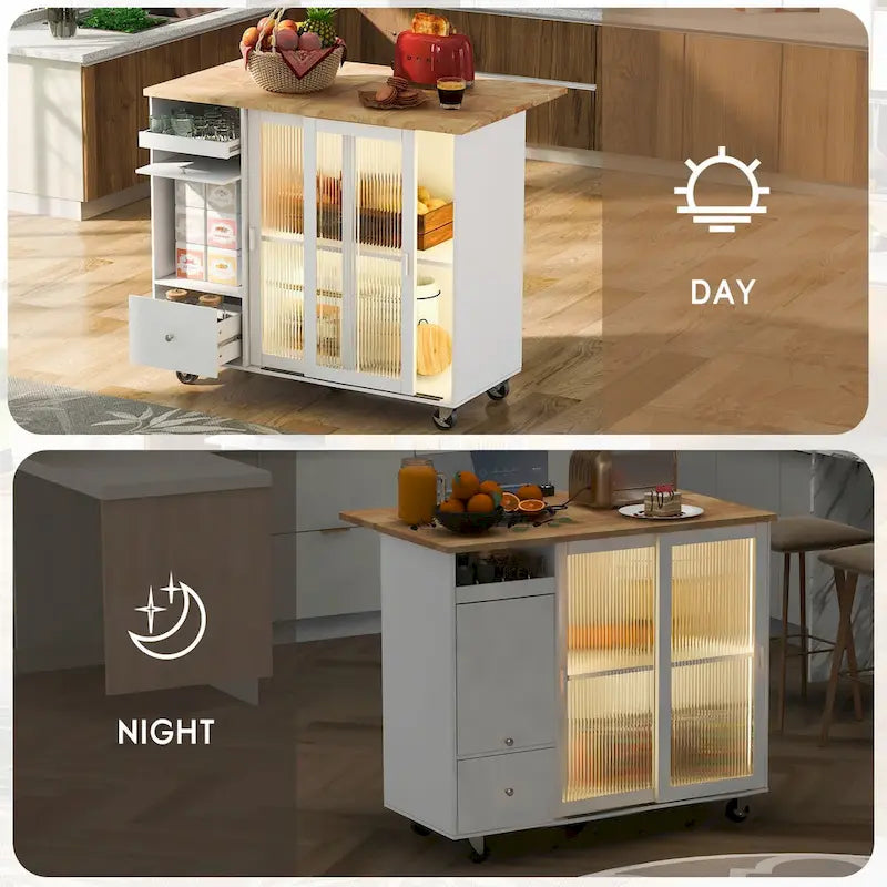 Îlot de cuisine avec abattant, Desserte de cuisine à roulettes avec éclairage LED