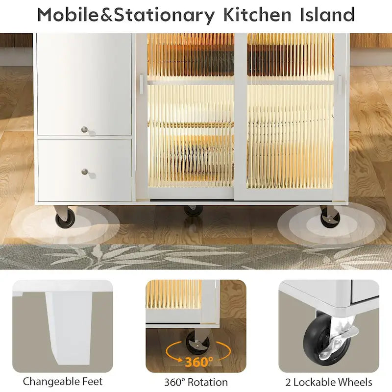 Îlot de cuisine avec abattant, Desserte de cuisine à roulettes avec éclairage LED