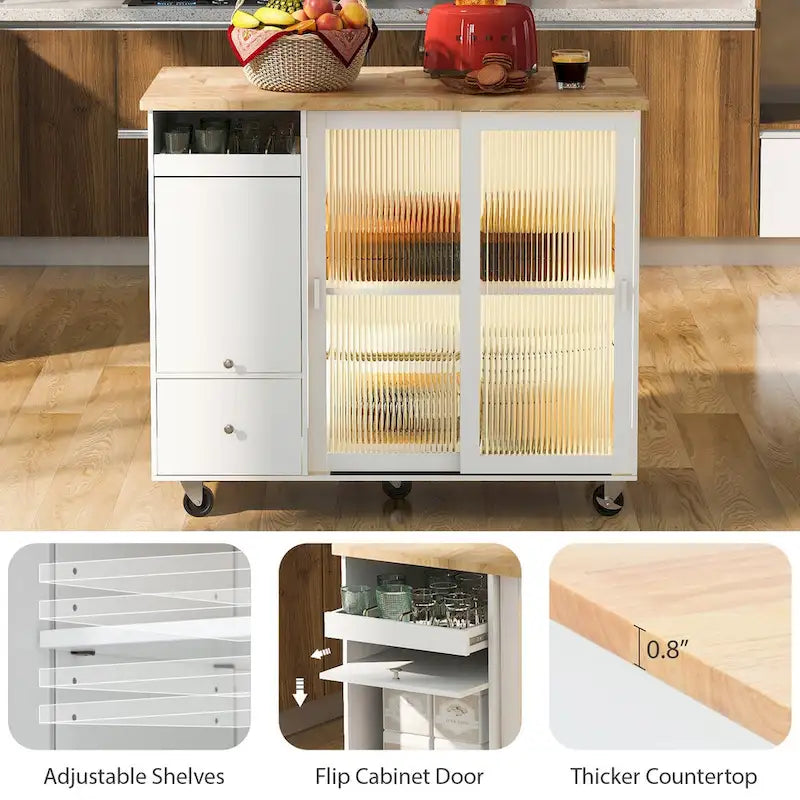 Îlot de cuisine avec abattant, Desserte de cuisine à roulettes avec éclairage LED