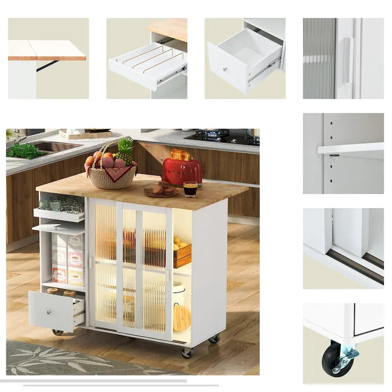 Îlot de cuisine avec abattant, Desserte de cuisine à roulettes avec éclairage LED