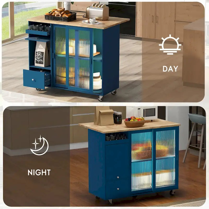 Îlot de cuisine avec abattant, Desserte de cuisine à roulettes avec éclairage LED