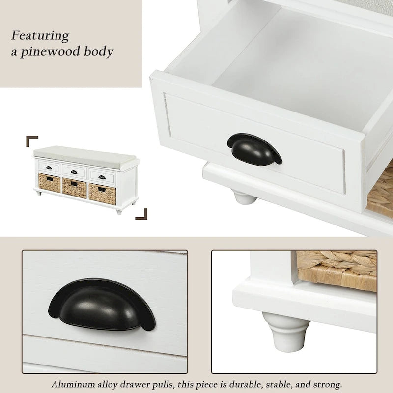 Banc à chaussures de rangement rustique avec 3 tiroirs et 3 paniers en rotin