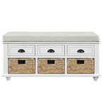 Banc à chaussures de rangement rustique avec 3 tiroirs et 3 paniers en rotin