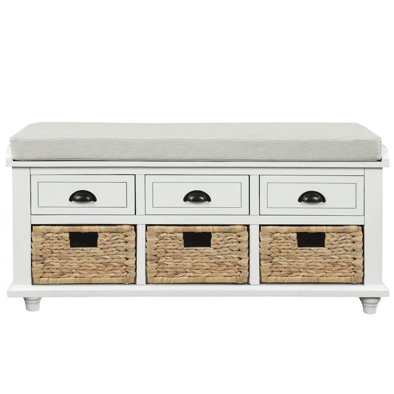 Banc à chaussures de rangement rustique avec 3 tiroirs et 3 paniers en rotin