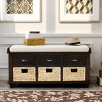 Banc de rangement rustique avec 3 tiroirs et 3 paniers en rotin, banc à chaussures pour salon, entrée