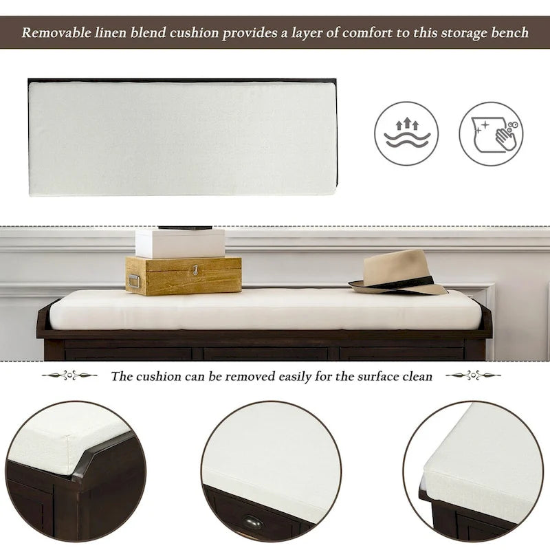 Banc de rangement rustique avec 3 tiroirs et 3 paniers en rotin, banc à chaussures pour salon, entrée