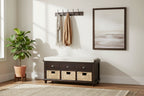 Banc de rangement rustique avec 3 tiroirs et 3 paniers en rotin, banc à chaussures pour salon, entrée