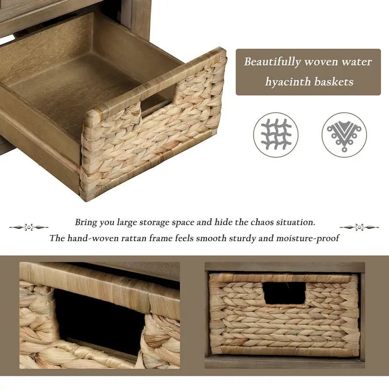 Banc de rangement rustique avec 3 tiroirs et 3 paniers en rotin, banc à chaussures pour salon, entrée