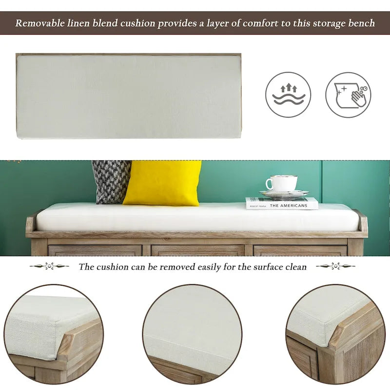 Banc de rangement rustique avec 3 tiroirs et 3 paniers en rotin, banc à chaussures pour salon, entrée