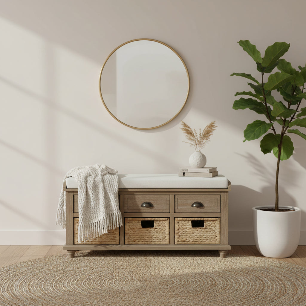 Banc de rangement rustique avec 3 tiroirs et 3 paniers en rotin, banc à chaussures pour salon, entrée