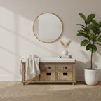 Banc de rangement rustique avec 3 tiroirs et 3 paniers en rotin, banc à chaussures pour salon, entrée