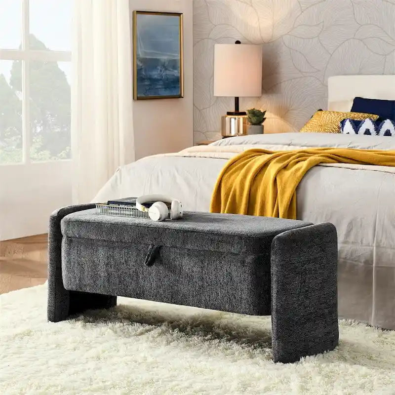 Banc de rangement ottoman ovale en tissu chenille avec grand espace de rangement