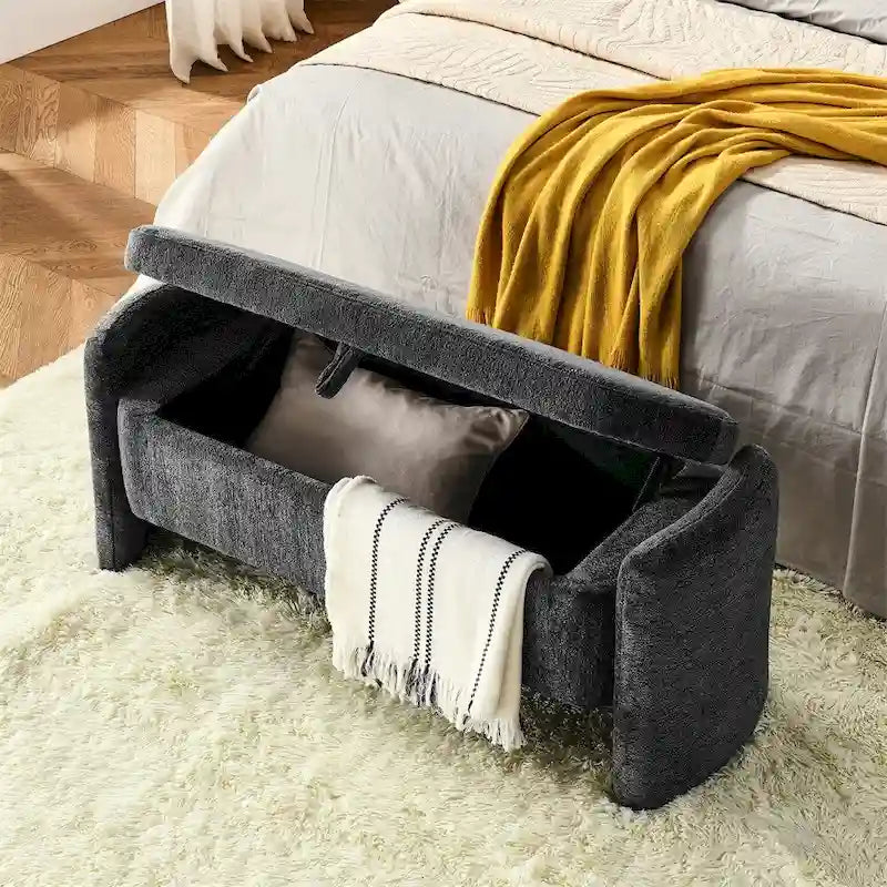 Banc de rangement ottoman ovale en tissu chenille avec grand espace de rangement