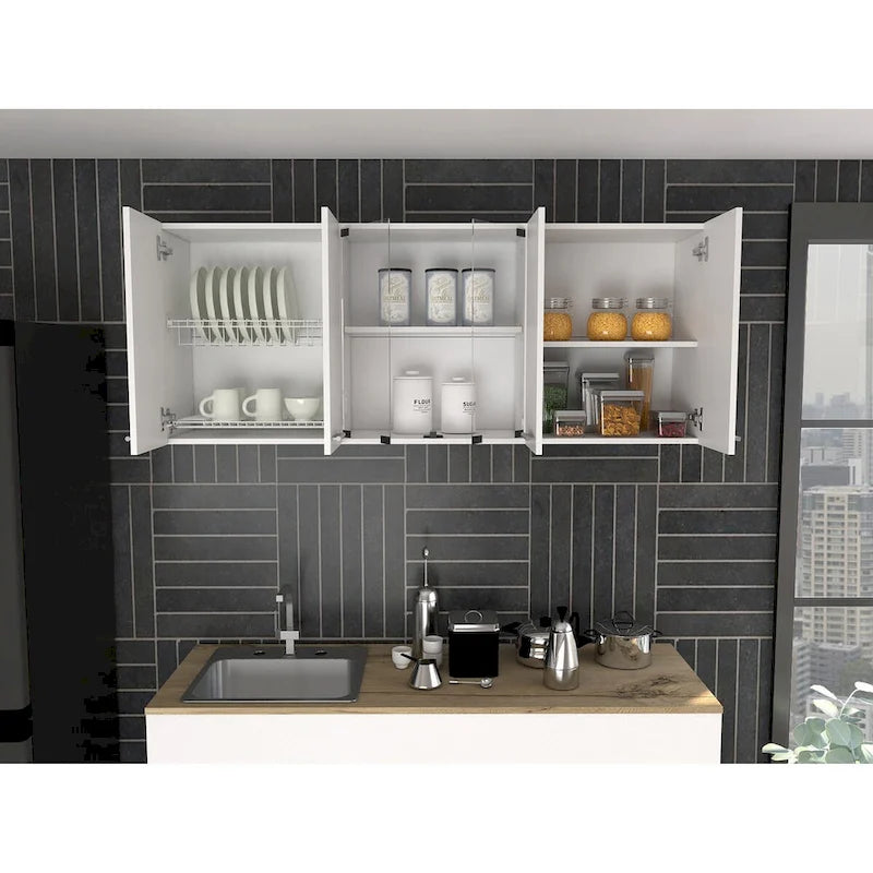 Meuble haut mural blanc de 59 pouces avec deux portes vitrées centrales