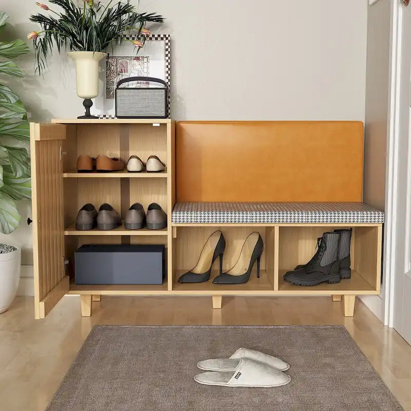 Ensemble de rangement fonctionnel pour couloir avec banc à coussin pied-de-poule