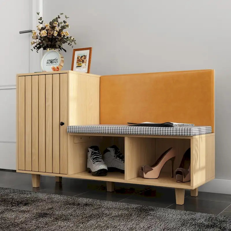 Ensemble de rangement fonctionnel pour couloir avec banc à coussin pied-de-poule