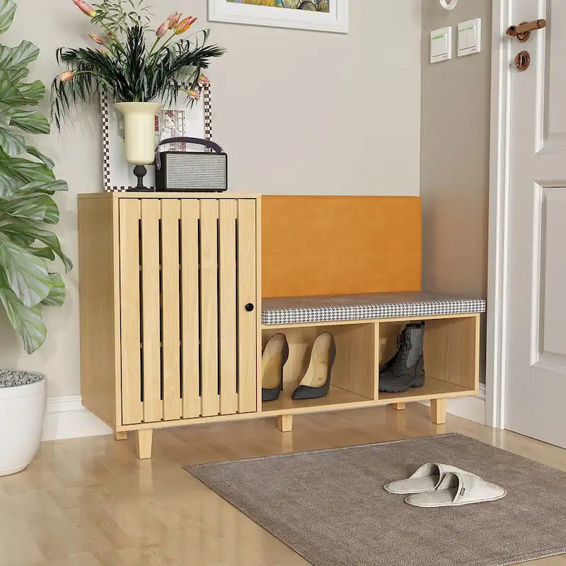 Ensemble de rangement fonctionnel pour couloir avec banc à coussin pied-de-poule
