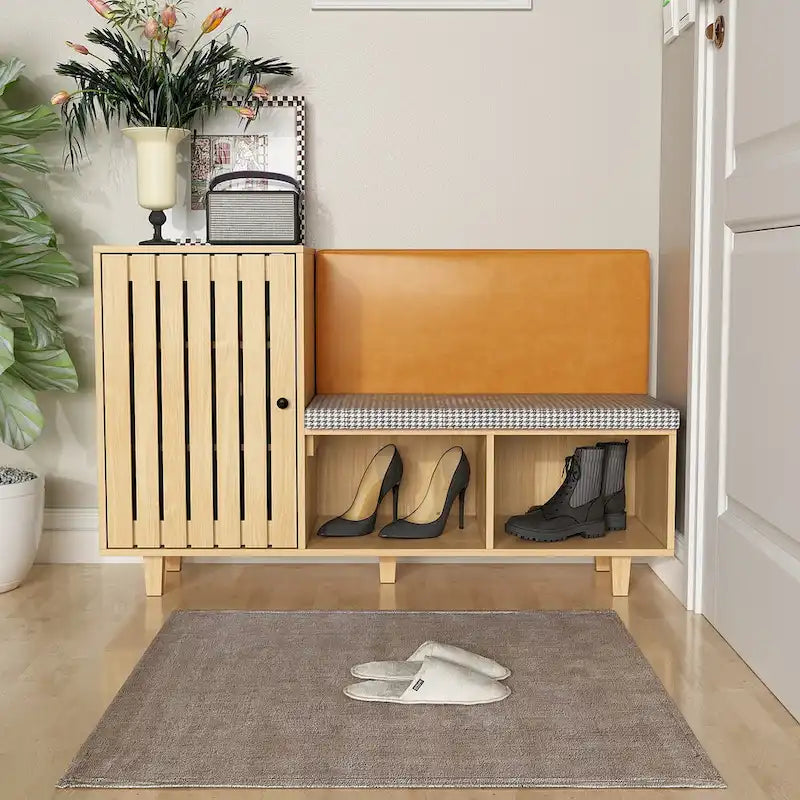 Ensemble de rangement fonctionnel pour couloir avec banc à coussin pied-de-poule