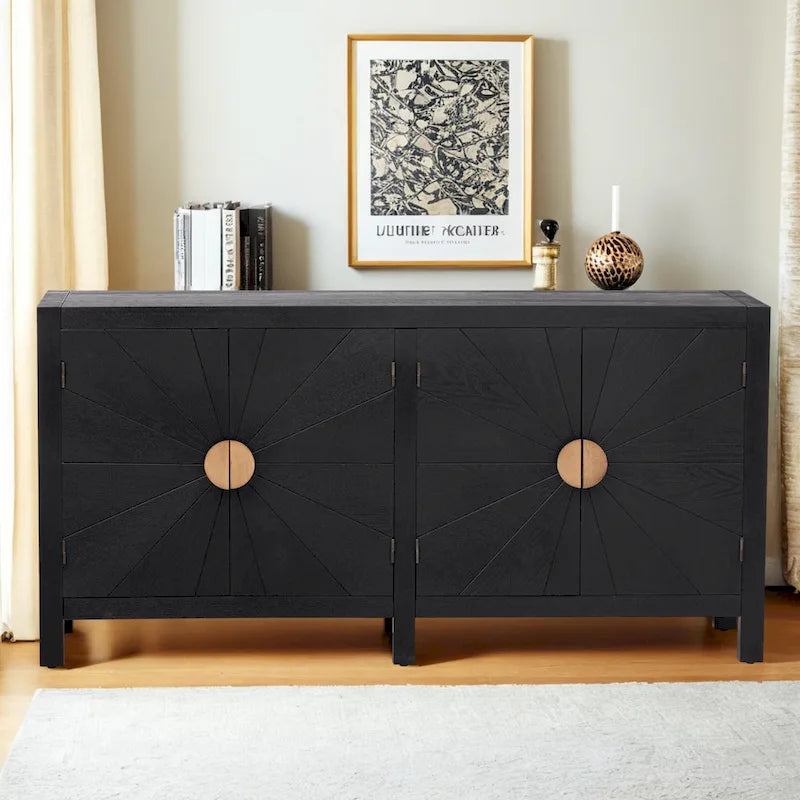 Caractéristiques uniques du meuble en placage de frêne avec portes de placard à motif de lignes rayonnantes, adapté aux salons et aux couloirs