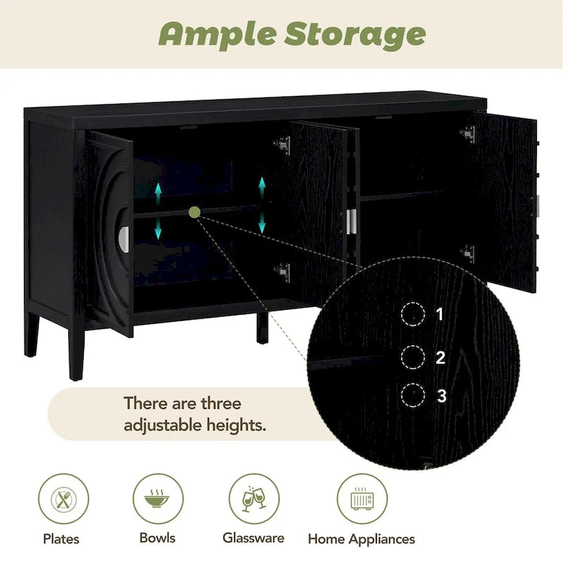 Porte de buffet rétro avec rainures circulaires et poignée de porte ronde en métal