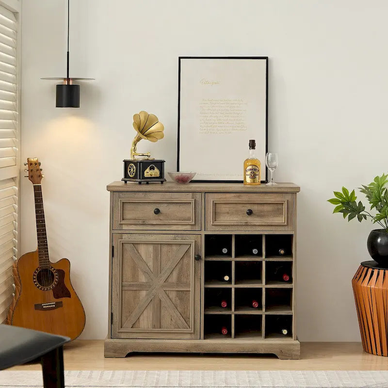 Bahut de buffet de ferme avec rangement, commode avec 2 tiroirs, meuble bar à vin avec étagères de rangement et casiers à vin amovibles