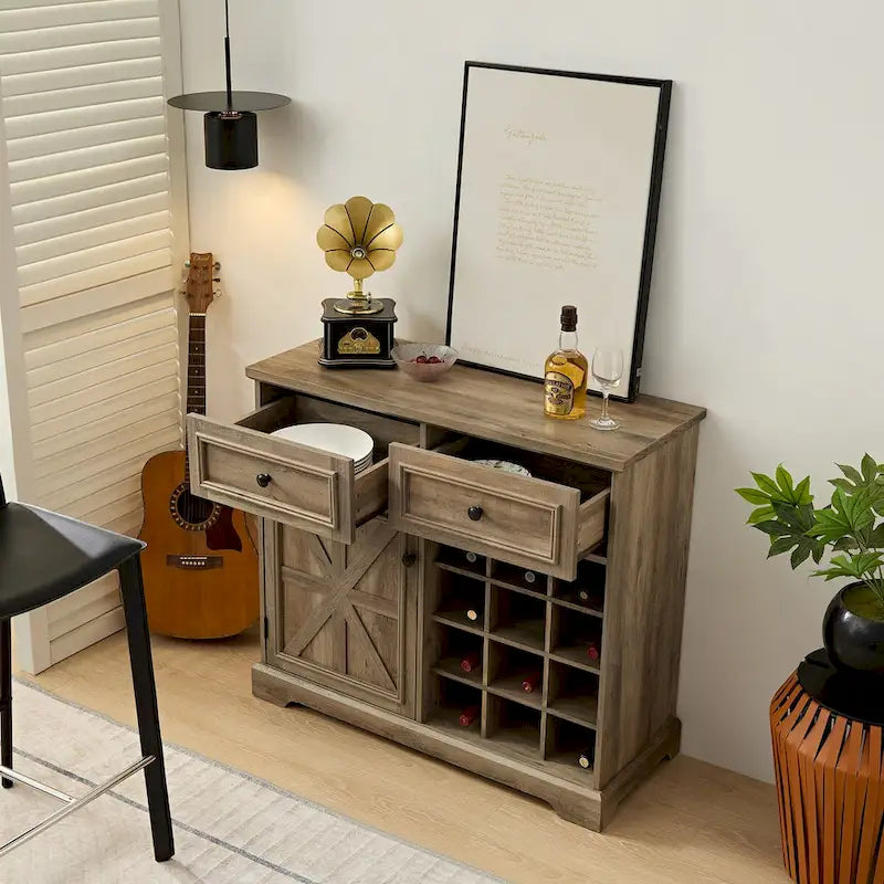 Bahut de buffet de ferme avec rangement, commode avec 2 tiroirs, meuble bar à vin avec étagères de rangement et casiers à vin amovibles