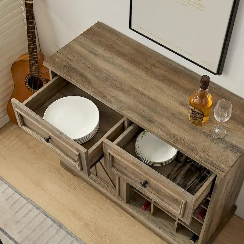 Bahut de buffet de ferme avec rangement, commode avec 2 tiroirs, meuble bar à vin avec étagères de rangement et casiers à vin amovibles
